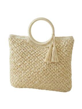 Tigerstars Beige Raffia Woven Tassel Round Handle Tote Handbag
